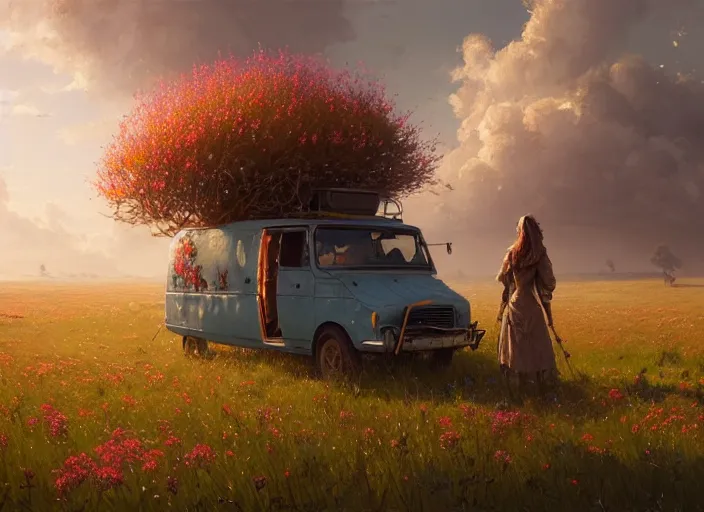 Image similar to detailed intricate digital illustration by greg rutkowski and and wlop and sanford robinson gifford ; conversion van, beautiful meadow with colorful flowers and puffy clouds in background ; 1 3 mm film, arri alfa anamorphic lens ; sharp focus, golden hour lighting, trending on artstation 4 k ; close view