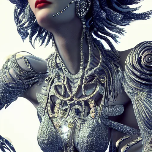 Image similar to full body detailed, ethereal, biomechanical, covered in diamonds and other gems glowing, highly detailed face, elegant posed, intricate, extremy detailed, beeple, cgsociety, 3 d unreal engine octane render. cinematic lighting, highly detailed 4 k art