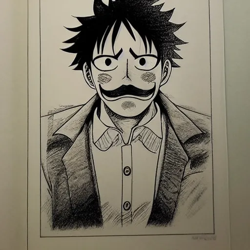 Image similar to [ luffy with mustache ] ( by kim jung gi ) ( by george morikawa ) ( by kentaro miura ) ( by eiichiro oda )