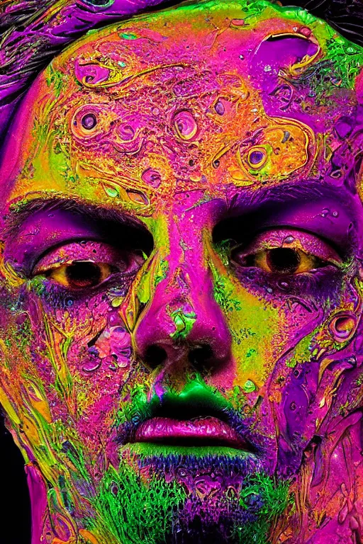 Image similar to psychedelic melting wax face, close up shot, diffuse lighting, intricate, elegant, highly detailed portrait, lifelike, photorealistic, digital painting, smooth, sharp focus