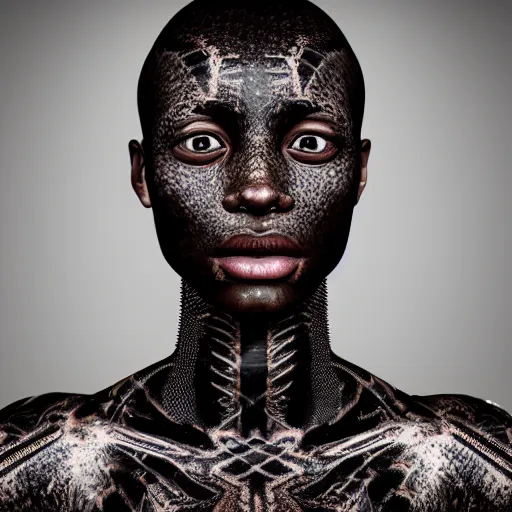 Image similar to : black human with ancient pattern skin all over hyper detailed art station  dalle2 unity contest winners unrealengine trending on artstation,cinematic, hyper realism, high detail, octane render, 8k