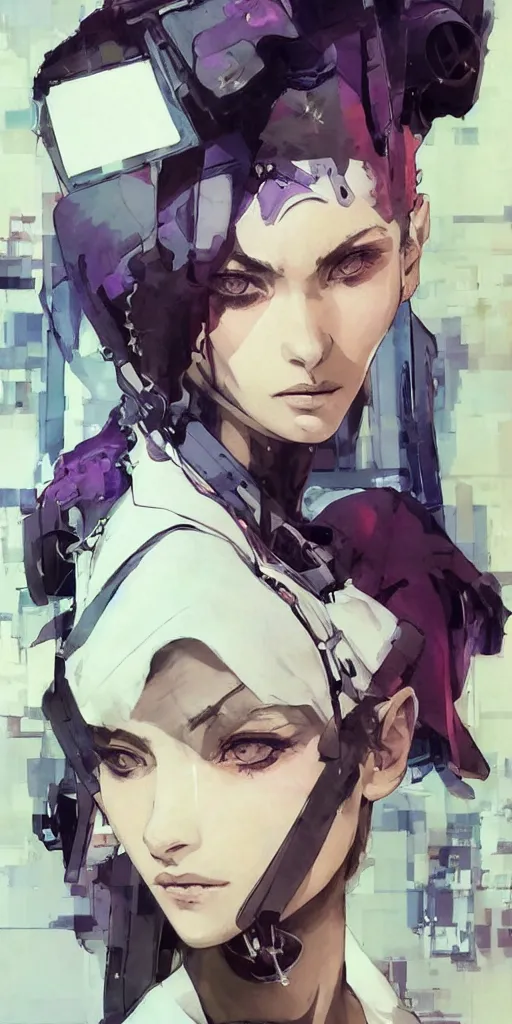 Image similar to a beautiful side portrait painting of an angelical nurse. she has a purple cross in her forehead. looks like an angel. art by yoji shinkawa and sandra chevrier, trending on artstation, award - winning, perfect composition.