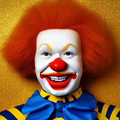 Image similar to extremely detailed studio portrait of ronald mcdonald surrended by gold, soft light, golden glow, 4 k