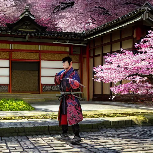 Image similar to hyperrealistic painting of a highly detailed photorealistical samurai, in the background traditional Japanese hut, cherry blossom trees outside, Feng Shui Style, cinematic concept art, art station, award winning art, 8k, octane render, unreal engine 5