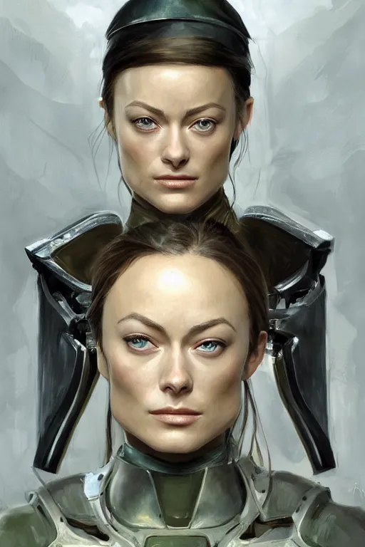 Image similar to a professional painting of a young Olivia Wilde, clothes in military armor, olive skin, long dark hair, beautiful bone structure, symmetrical facial features, intricate, elegant, digital painting, concept art, smooth, sharp focus, illustration, from StarCraft by Ruan Jia and Mandy Jurgens and Artgerm and William-Adolphe Bouguerea