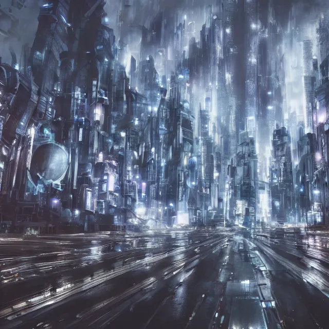 Prompt: futuristic city, during rainstorm, detailed, 4 k