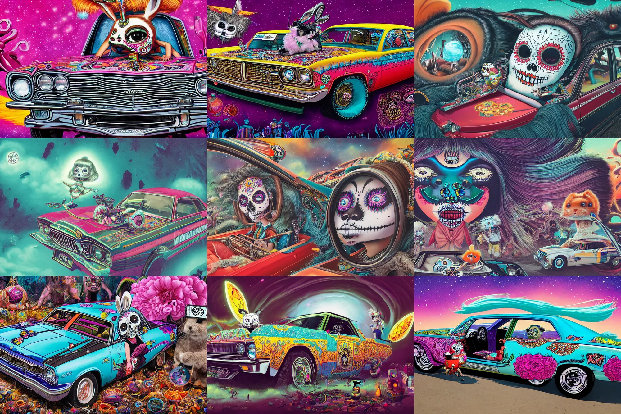 Prompt: closeup of a amc marlin lowrider driven by a cute fluffy female bunny in a dia de los muertos face makeup, in a quantum wormhole, juxtapoz, artforum, gary baseman, dan mumford, pedro correa, mad magazine, matte sharp painting