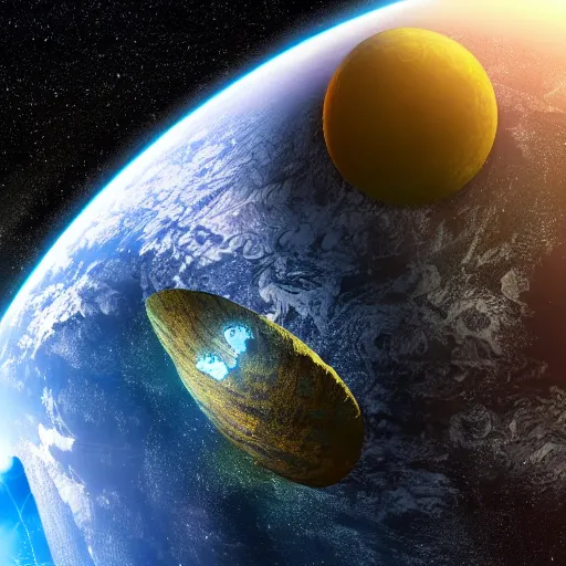 Prompt: a giant spaceship flying over earth as meteors hit earth, lots of fire, concept art,