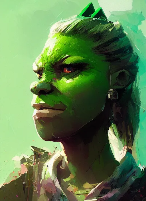 Prompt: green orc female, light green tone beautiful face by ismail inceoglu