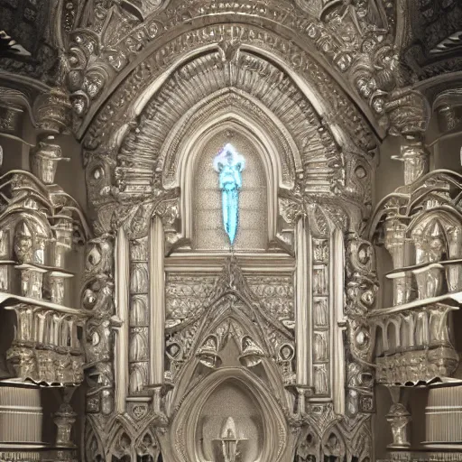 Image similar to a hyperrealistic 3 d render of a delicate ivory sculpture of an ornate detailed cathedral populated by mandelbrot fractals, micro detail, unreal engine, backlit lighting, octane renderer, catholicpunk, carved ivory, physically based rendering, carved soap, trending on cgsociety