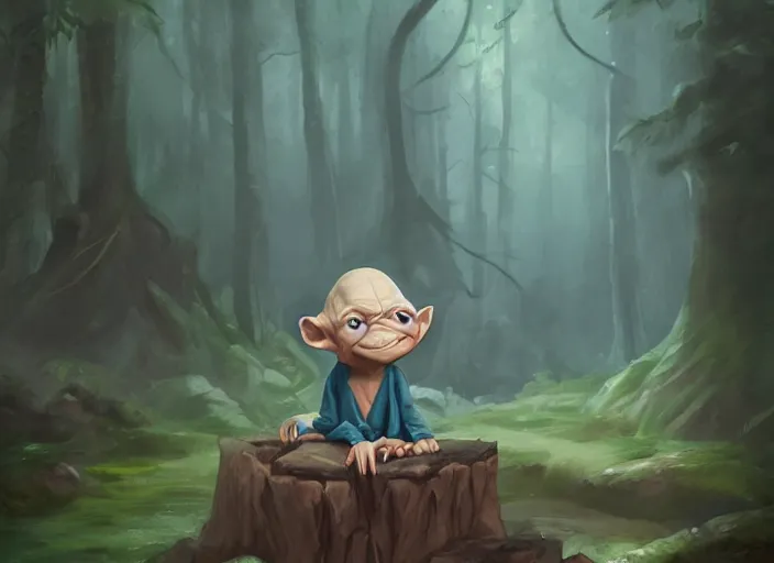 Prompt: a cartoonish cute anthropomorphic gollum is in a mystical forest full of wonders, pine trees, magical atmosphere, trending on artstation, 30mm, by Noah Bradley trending on ArtStation, deviantart, high detail, stylized portrait H 704