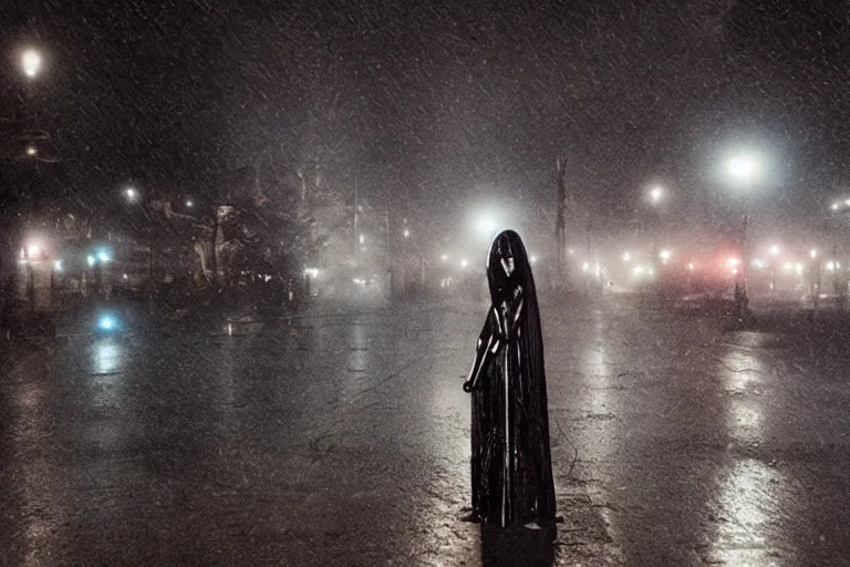 Image similar to vfx marvel sci-fi woman black super hero robot photo real, city street night lighting, rain and fog by Emmanuel Lubezki