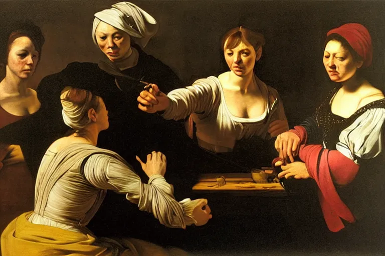 Prompt: 3 women, caravaggio, rubens, pieter de hooch, ary scheffer