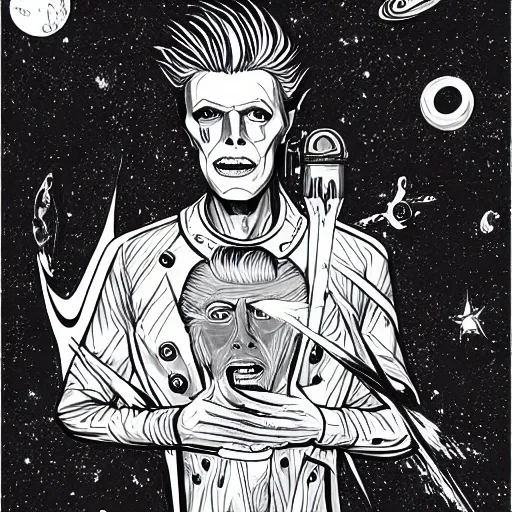 Image similar to mcbess illustration of David Bowie as a god In space , cinematic, hyper realistic, photo realistic, 4k, galaxies