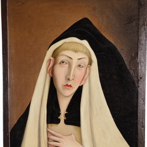 Prompt: flemish style painting of a pale skinned elf with a dark cloak and face piercings