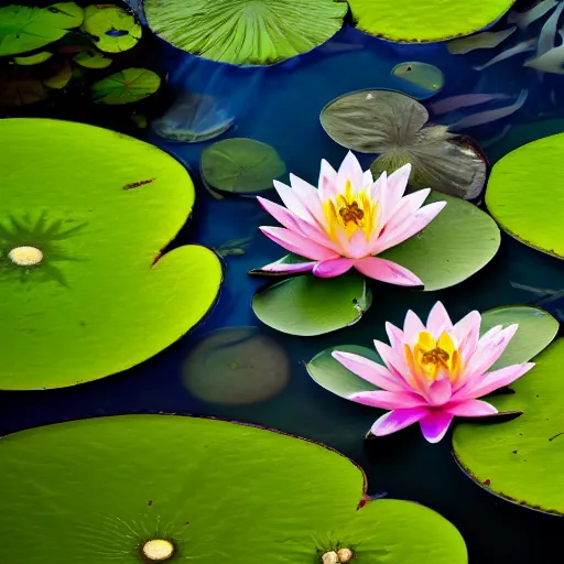 Image similar to pale face lying under the water, top down, closeup, water lilies, cinematic, shallow depth of field, atmospheric, ultra high detail, somber colors