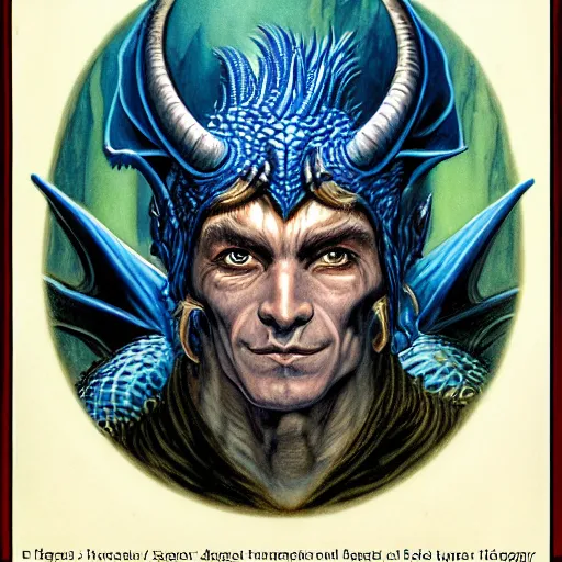 Prompt: head and shoulders portrait of a medieval d & d fantasy anthropomorphic blue dragon - human hybrid sorcerer, d & d rulebook cover art by jeff easley and hr giger