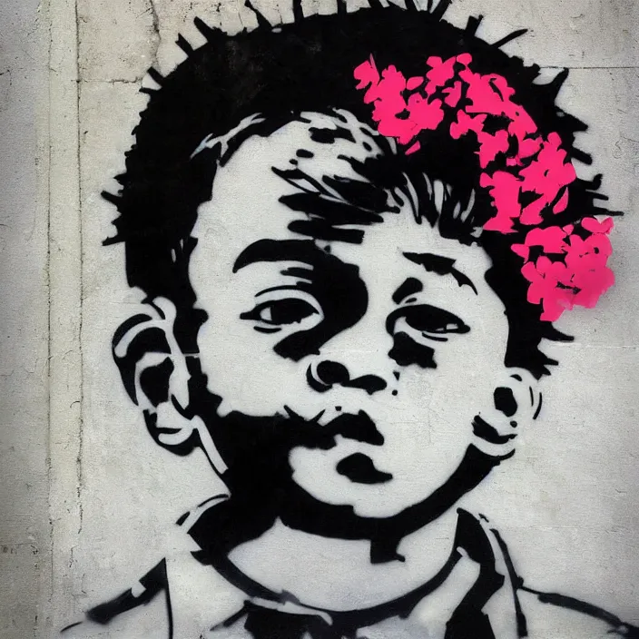 Prompt: a right side profile of a boy holding flowers in the style of Banksy, graffiti, digital art