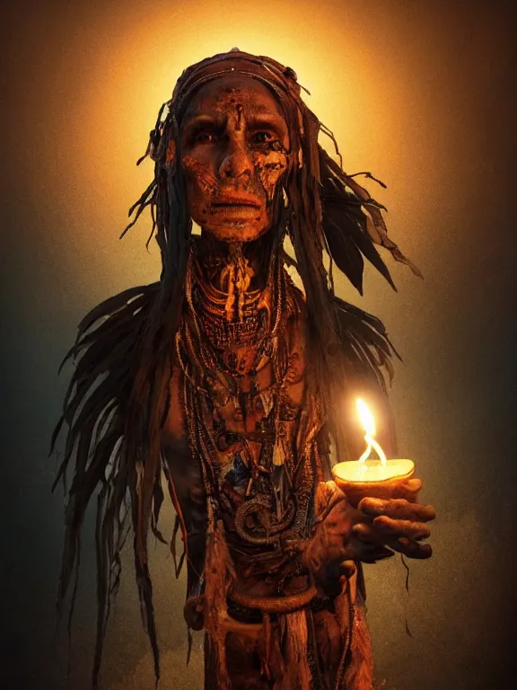 Image similar to fine painting of a death shaman from an ancient culture with mushrooms growing from his body, candlelight, 8 k, ultra realistic, lens flare, atmosphere, glow, detailed, intricate, full of colour, cinematic lighting, trending on artstation, 4 k, hyperrealistic, focused, extreme details, unreal engine 5, cinematic, masterpiece