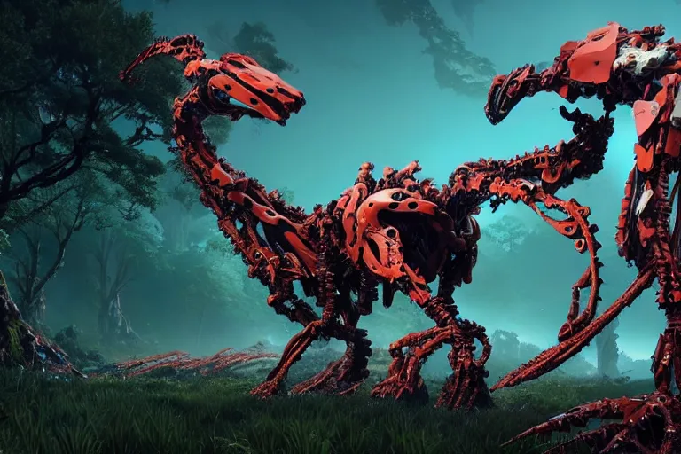 Image similar to a hyper detailed fanghorn evangelion realistic mechanical and organic creature similar look as horizon forbidden west horizon zero dawn, bioluminiscence in a dark deep forest at dawn in spring, with reflection and textures, by kilian eng, substance painter reaslitic mech surface metal painted scratches,