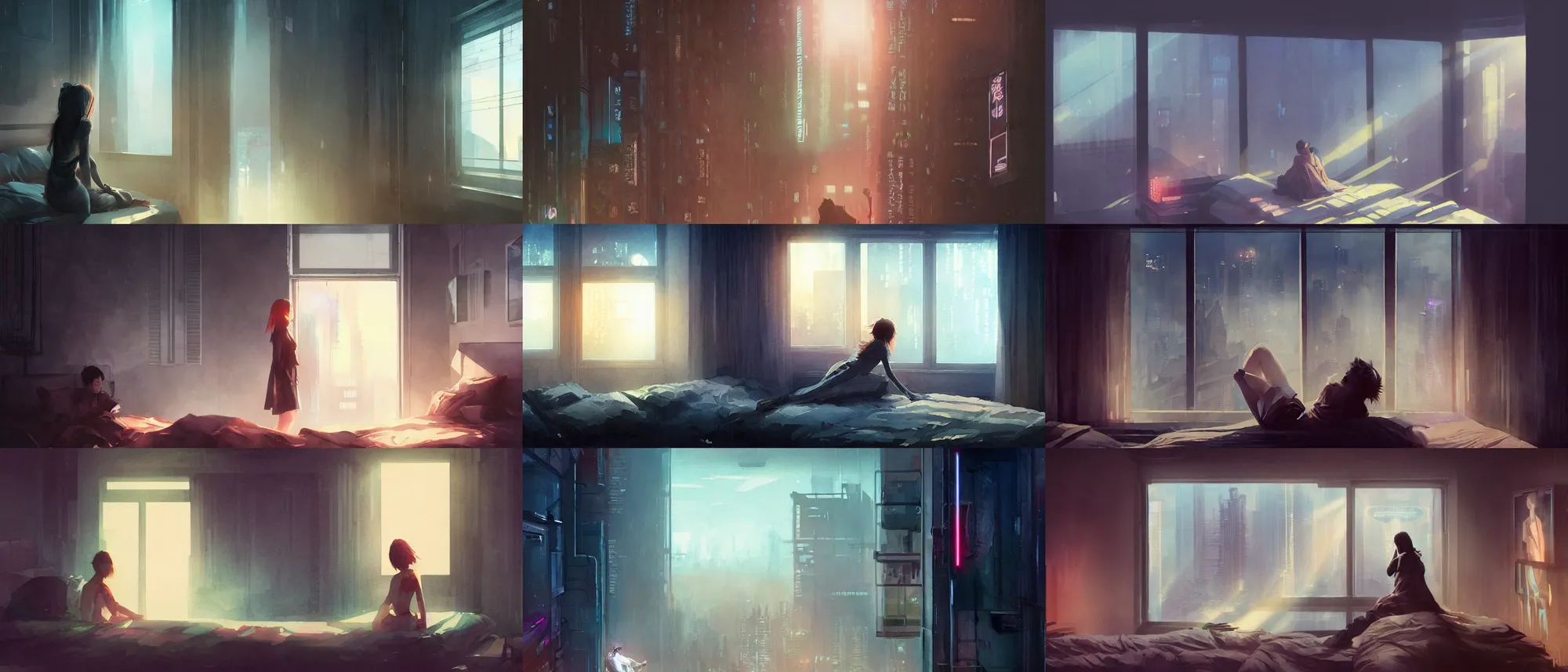 Prompt: character staring out window on bed, dark room bright city, high tech city apartment, cyberpunk, scifi, high tech, dark lighting, god rays, neon advertisements, digital art, smooth, vibrant watercolor, wenjun lin, pixiv, artgerm, greg rutkowski, yuumei, wide shot, film grain