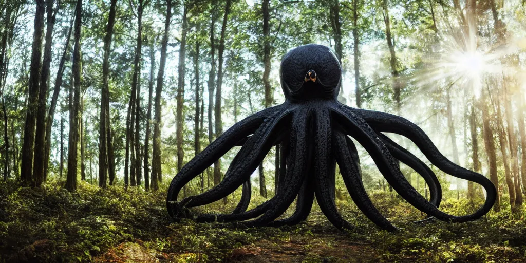 Image similar to a highly detailed giant black octopus god in the middle of a forest, winding around trees, beautiful ambient light, sun rays hitting the slightly transparent creature, 8k photography