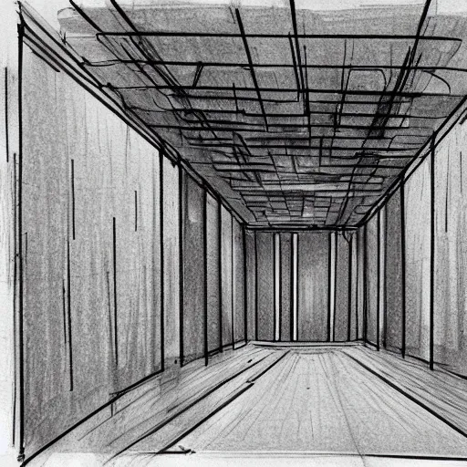 Prompt: Drawn box in one point perspective. Sketch.