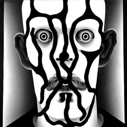 Image similar to impossible inside - out portrait of hollow man by m. c. escher