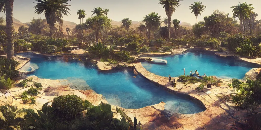 Prompt: a pool in a lush desert, greg rutkowski, zabrocki, karlkka, jayison devadas, trending on artstation, 8 k, ultra wide angle, zenith view, pincushion lens effect