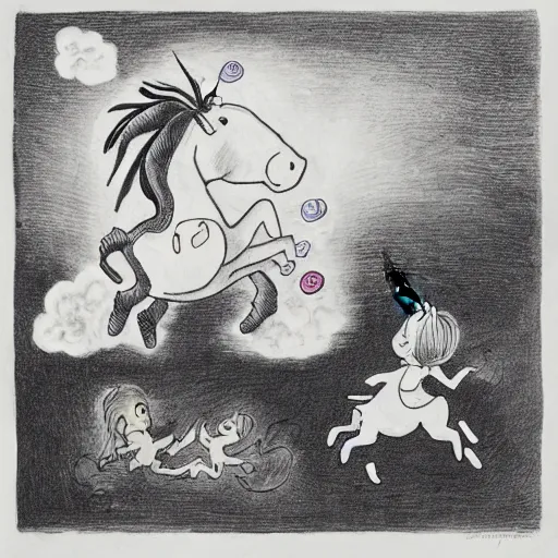 Image similar to a child with balloons getting attacked by a unicorn, black ink on paper