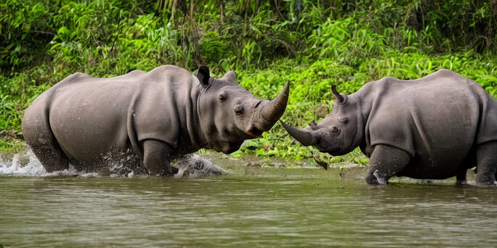 Image similar to a hippo with a rhino horn, in a river in the jungle, extremely high fidelity, natural lighting