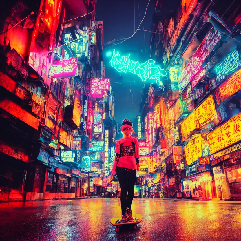 Image similar to photograph of punk girl skateboarding in the city, chinese neon signs, cyberpunk buildings, wet roads at night reflecting the lights from buildings, studio lighting, cloudy night sky, bright neon colors, 4 k, fisheye