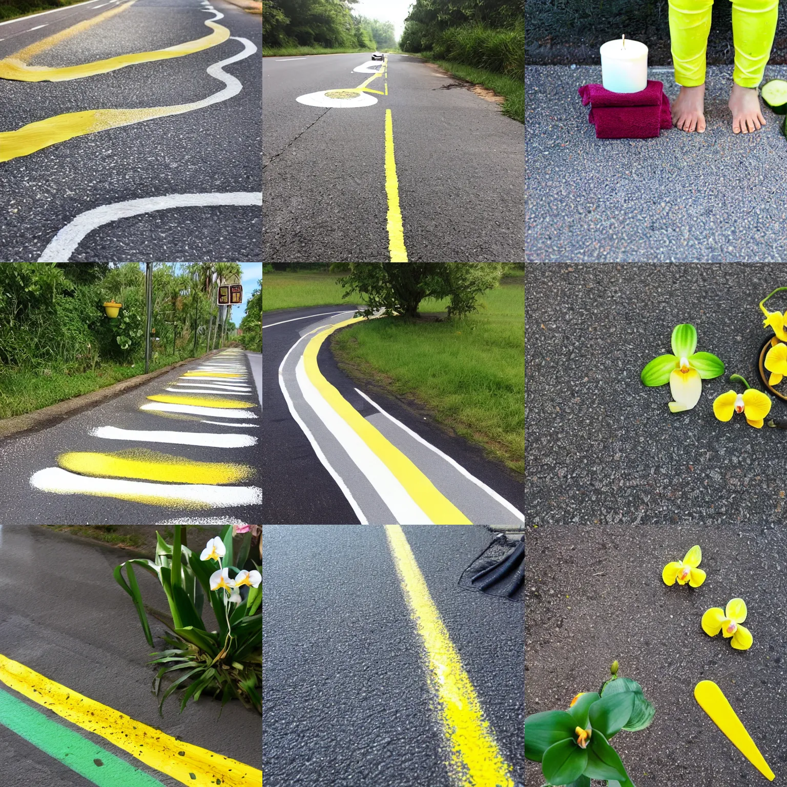 Prompt: road pavement getting a spa treatment. Yellow paint stripe, Orchids, cucumber slices, fluffy towel, candles