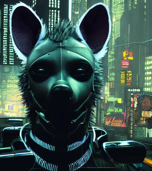 Image similar to new york city portrait icon of furry anthro anthropomorphic spotted hyena head animal person fursona wearing clothes strange cybernetic metal muzzle gloomy rainy screenshot from the video game cyberpunk 2077 digital art by Greg Rutkowski, Simon Stalenhag, christopher nolan trending on Artstation, CGSociety, Bladerunner 2049