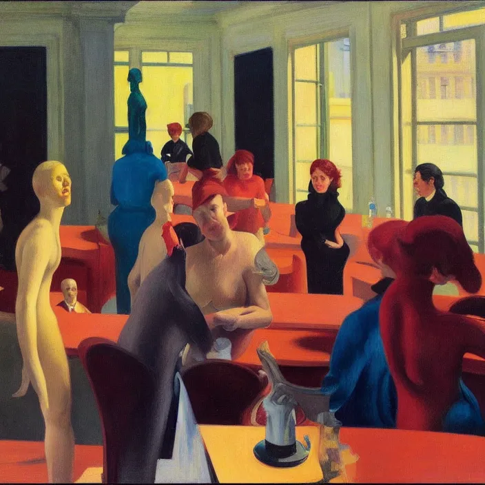 Prompt: group of people pictured in afternoon light, mostly women, close - up of the faces, anatomically and proportionally correct : : surrealist oil painting by edward hopper, malcolm liepke, francis bacon and rene magritte, detailed