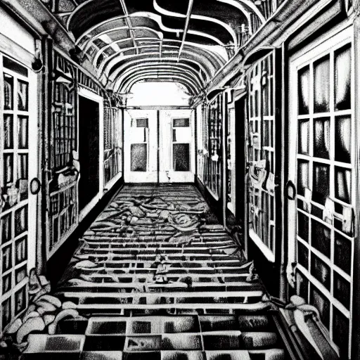 Image similar to a bright white hallway with many doors and stairs full of fungus and mushrooms and rot, Mc Escher architecture, epic composition, decay, anime key visual