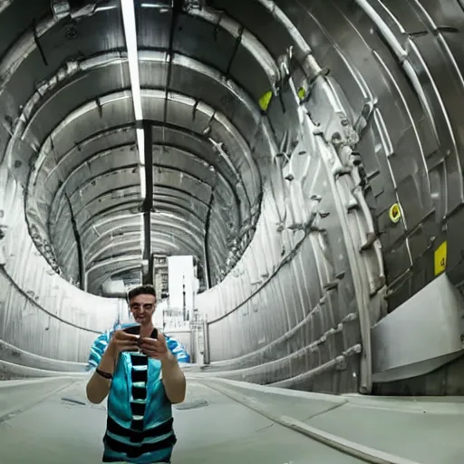 Image similar to a man taking a selfie inside of a nuclear reactor water waste system, super realistic, highly detailed :