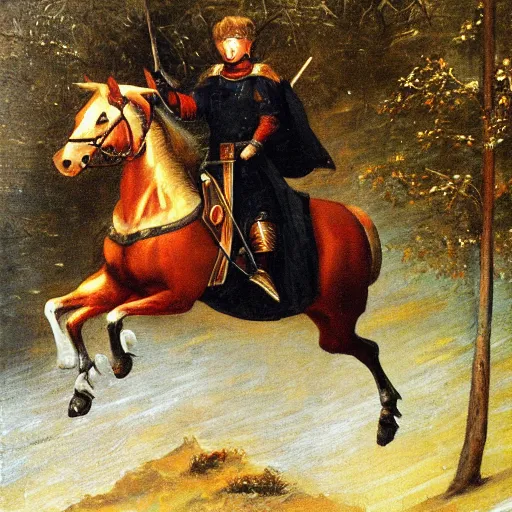 Prompt: seselj wearing shining knight's armor and riding a horse through a dark forest, highly detailed, oil painting