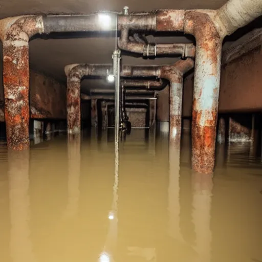 Prompt: underground bunker, flooded, dirty water, rusty pipes