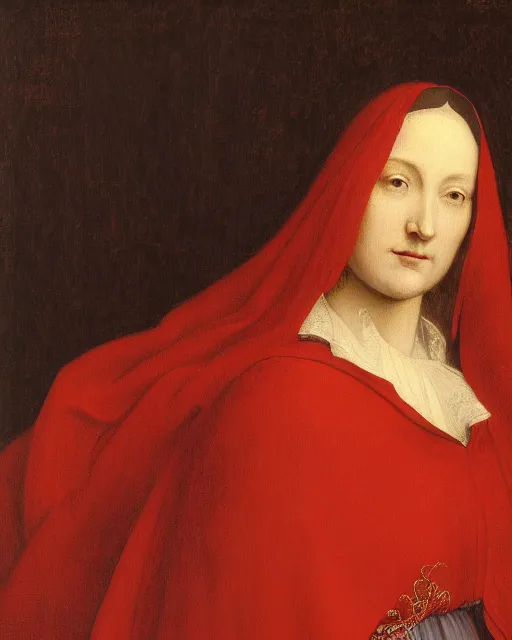 Image similar to a painting of a woman wearing a red cloak, a flemish baroque by petrus christus, unsplash, renaissance, da vinci, pre - raphaelite, studio portrait