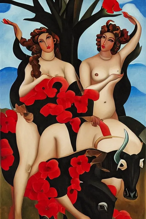 Prompt: highly detailed painting of gemini goddesses wearing red flowers while they ride a black bull by tamara de lempicka