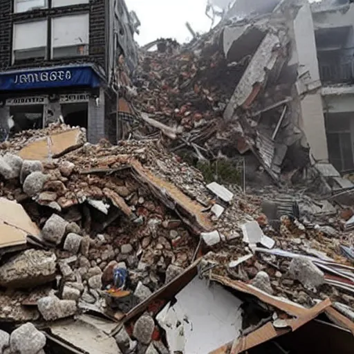 Prompt: seven avocados hovering over seven a rubble after a building collapsed, journalistic photograph.