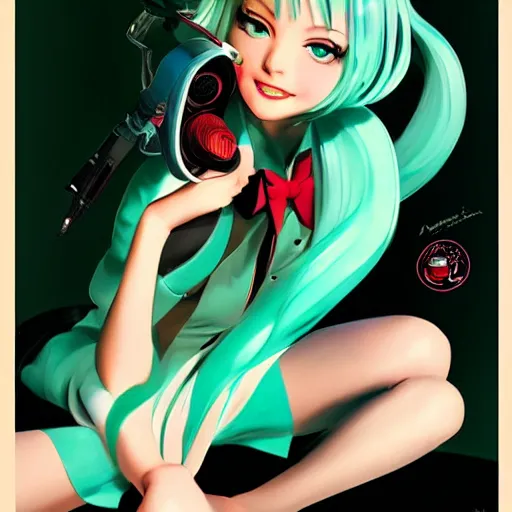 Prompt: Hatsune Miku pin-up poster by Gil Elvgren and Daniela Uhlig