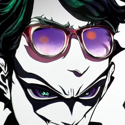 Prompt: Joker from Persona 5 close up with a reflection in his glasses.