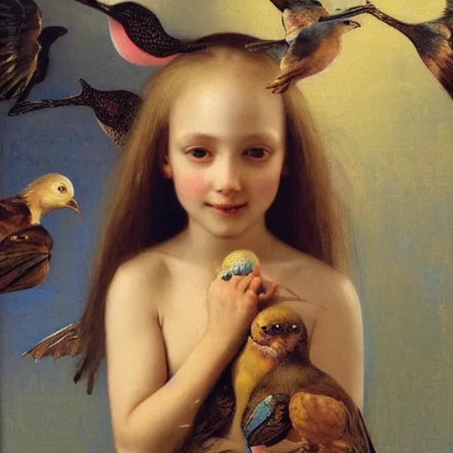 Prompt: !dream a beautiful oil painting of a little cute girl smiling and birds flying around her head by Dino Valls and George Stubbs and Greg Rutkowski