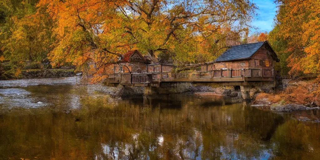 Image similar to a wooden cottage by the river with a bridge connecting to it, portrait, highly detailed, autumn, falling leaves, cozy, 8 k,