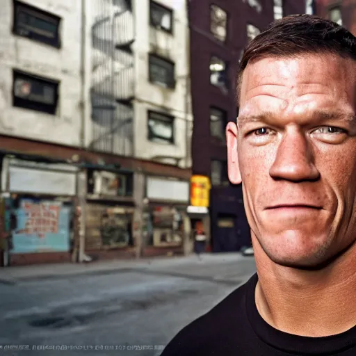 Prompt: closeup portrait of John Cena , new york back street , by Steve McCurry and David Lazar, natural light, detailed face, CANON Eos C300, ƒ1.8, 35mm, 8K, medium-format print