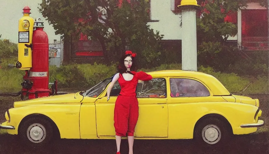 Image similar to a picture of a yellow-car parked next to a red-hydrant with a STYLISH! woman leaning against the car, BEUTIFUL!, surreal, in style of TOM BAGSHAW, painted by Norman Rockwell and Tom Lovell and Frank Schoonover