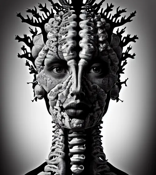Image similar to a black and white high quality photo of a young beautiful female queen-vegetal-dragon-cyborg bust with a very long neck and Mandelbrot fractal face, Mandelbrot fractal skin, flesh, anatomical, facial muscles, veins, arteries, elegant, highly detailed, flesh highly baroque ornate, hair are wired cables, elegant, high fashion, rim light, octane render, in the style of Cindy Sherman, Realistic, Refined, Digital Art, Highly Detailed, Cinematic Lighting, rim light, black and white, photo-realistic, 8K