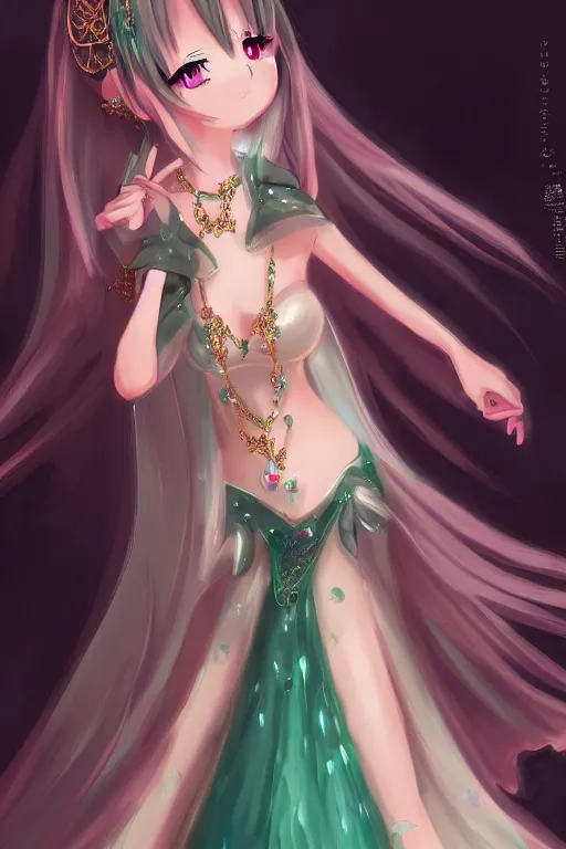 Image similar to Anime sad princess in full figure wearing an exotic evening gown, heargear and jade necklace, evening, detailed painting, WLOP, Artstation